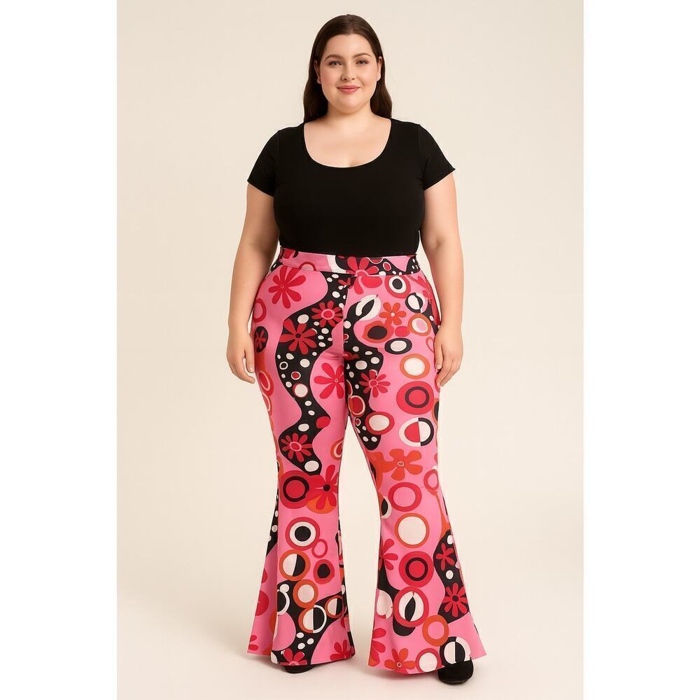 Retro Flared Pants 3XL – Pink Psychedelic Print – Stretchy Cotton Blend Festival
